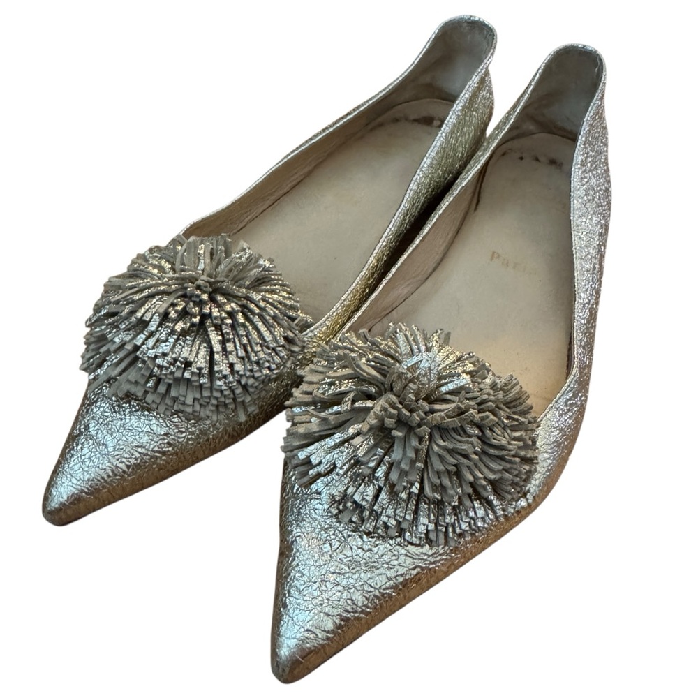 RARE Christian Louboutin Gold Leather Flats Shoes with Pom-Pom Detail, EU 38.5